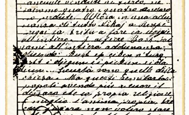 Dokumenti i vitit 1881, sipas Alfabetit të vitit 1908: “Kush ep çiken n’turq, asht i djegun e i pjekun e i dalun”