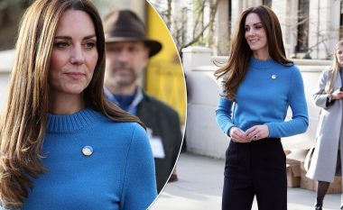 Kate Middleton mbështet Ukrainën e veshur me bluzën e kaltër nga Alexander McQueen dhe gjilpërën me flamur