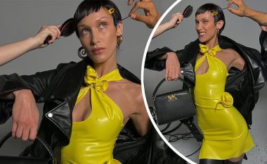 Bella Hadid paraqitet me një paruke të prerë dhe fustan të verdhë lëkure për fushatën e re të markës Michael Kors