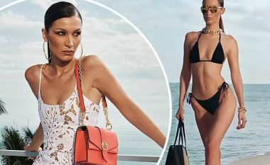 Bella Hadid pozon në bikini të zeza përpara se të vishet në dy fustane magjepsëse teksa poston më shumë foto nga fushata e saj e re e Michael Kors