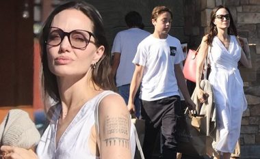 Angelina Jolie duket pa mundim elegante me një fustan të bardhë treçerekësh dhe shapka Valentino