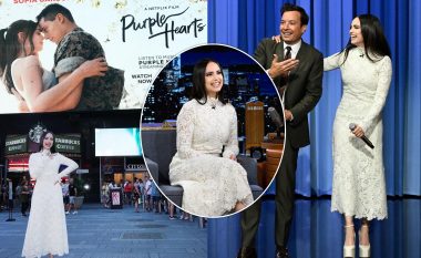 Sofia Carson zgjedh taka Valentino 15 centimetra dhe fustan treçerekësh për paraqitjen në emisionin e Jimmy Fallon