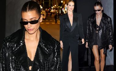 Hailey Bieber tregon këmbët e gjata me një fustan të shkurtër të zi, ndërsa Rosie Huntington-Whiteley mahnit me një fustan xhaketë në darkën e Saint Laurent në Paris