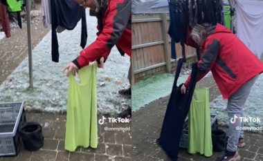 Britanikja u trondit me rezultatin kur i vendosi rrobat për t’u tharë në mot të ftohtë – videoja grumbullon miliona klikime