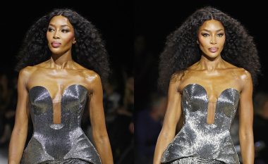 Naomi Campbell shkëlqen në pistën e modës me një bluzë argjendi dhe një fund të tejdukshëm gjatë Javës së Modës në Paris