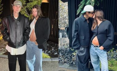 Shtatzënia Hailey Bieber tregon barkun e saj në rritje, teksa puth bashkëshortin Justin Bieber