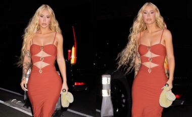Iggy Azalea shpërfaq barkun e sheshtë e veshur me një fustan të ngushtë portokalli