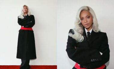 Beyonce duket elegante dhe plot stil me një pallto të zezë dhe krevatë