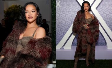 Rihanna del vetëm në të brendshme dhe një pallto, në eventin e saj “Savage x Fenty” në Los Angeles