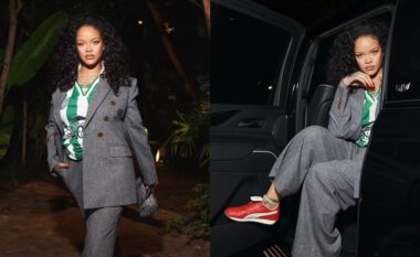 Rihanna bën një ndryshim në stil, duke veshur një kostum elegant me një fanellë sportive