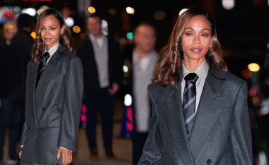 Zoe Saldana shfaqet elegante me kostum gri në New York