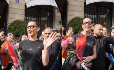 Bella Hadid mahnit në Paris me një pamje simpatike dhe një buqetë trëndafilash