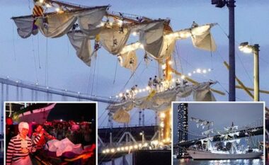 Pamjet rrëqethëse tregojnë marinarët meksikanë që kapen pas pajisjeve, për të shpëtuar jetën pas përplasjes së anijes në urën e Bruklinit