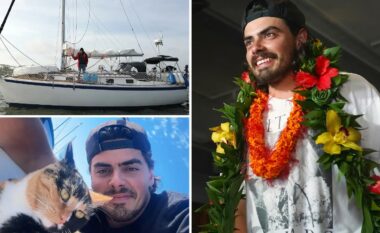 La punën për të lundruar me macen  e tij, burri nga Oregoni pritet nga mbështetësit e tij në Havai