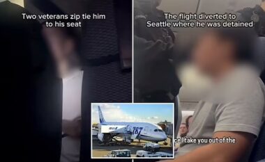 Tentoi të hapë derën emergjente të aeroplanit derisa po udhëtonin, dy veteranë e lidhin për karrige pasagjerin e linjës Tokio-Houston