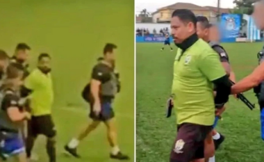 Futbollistët mbesin të shokuar kur policia futet në mes të ndeshjes dhe arreston gjyqtarin