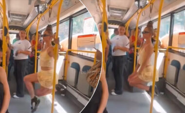 Fiona Rushiti magjeps qytetarët me akrobaci në autobusin urban të Tiranës