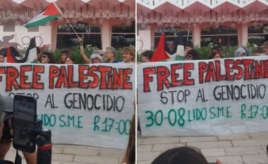 Festivali i Filmit në Venecia me protestuesit që mbajtën pankarta me titull “Çlironi Palestinën” përpara hapjes