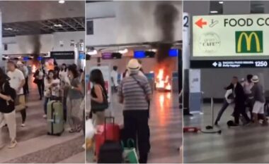 Një burrë i vë flakën një zone të regjistrimit, dëmton me çekiç ekranet digjitale – pamje të kaosit të krijuar në Aeroportin Malpensa të Milanos
